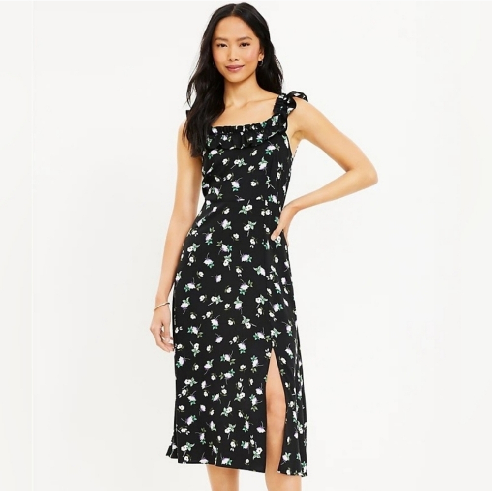 LOFT Floral Ruffle Sqaure Neck Midi Dress | Size 14 | Black